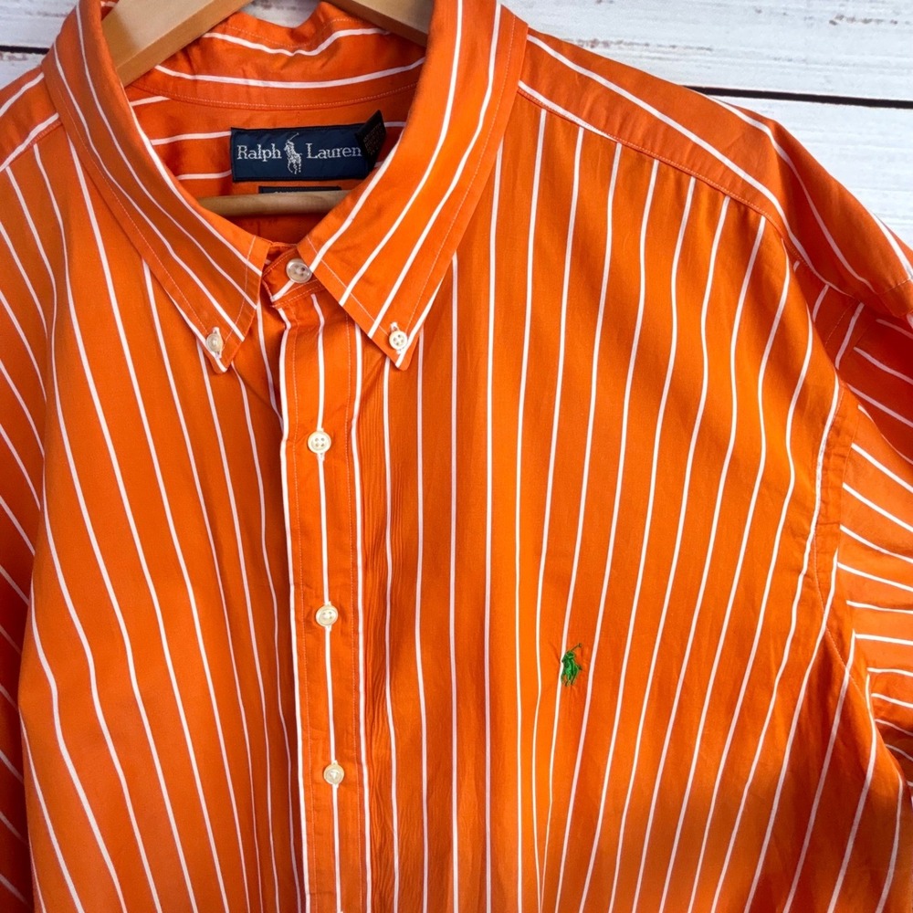 Ralph Lauren 3XB Big Preppy Button Down Shirt Orange White Cotton Green Pony - Picture 8 of 11